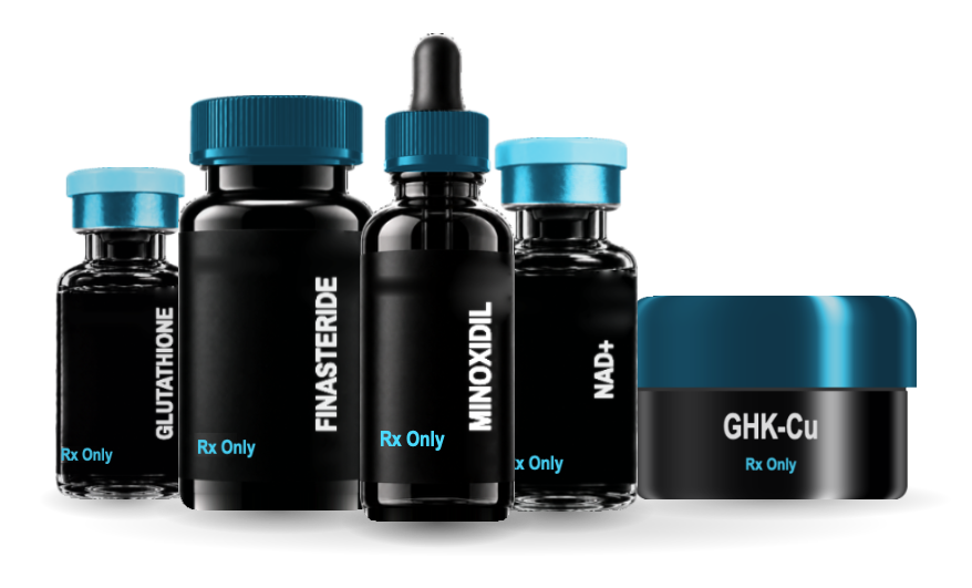 The five TitanXY Renew treatments in unbranded prescription packaging, on a studio shelf