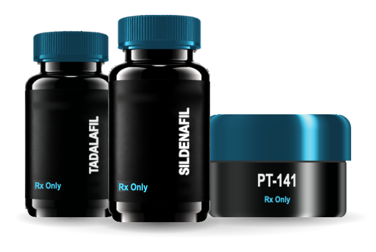 The three TitanXY Prime treatments in unbranded prescription packaging, on a studio shelf